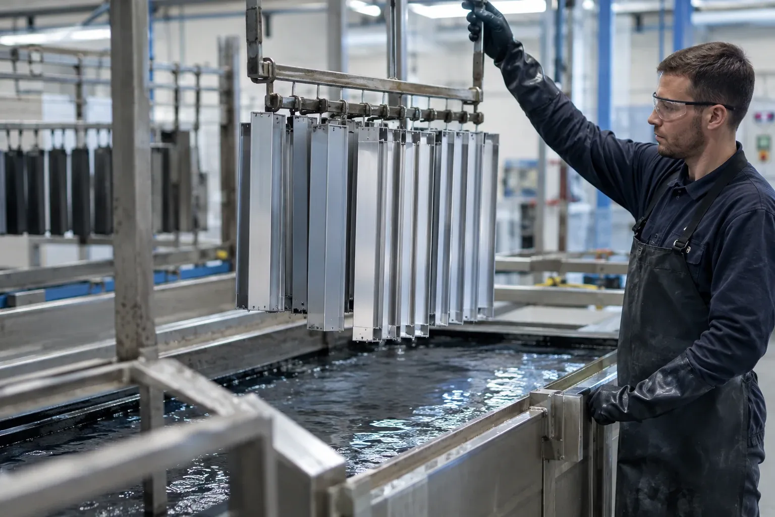 Werknemer tilt aluminium profielen uit anodiseerbad in industriële hal