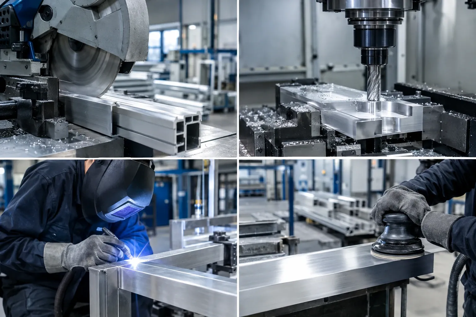 Vier beelden van aluminiumbewerking: zagen, frezen, lassen en schuren in werkplaats verlichting