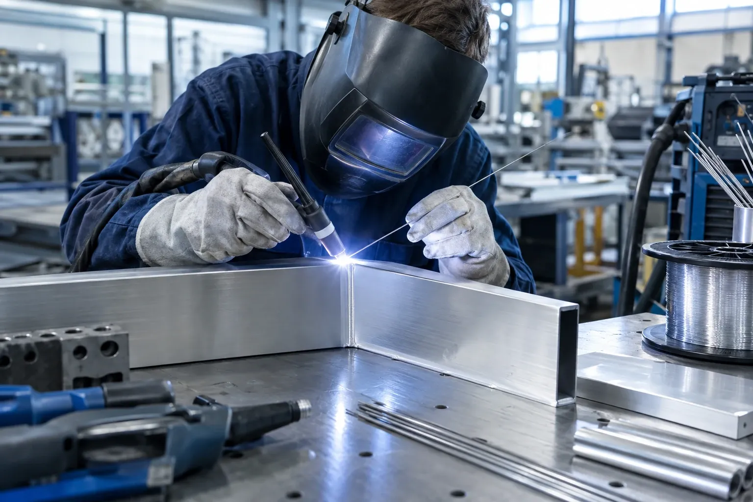 Lasser met beschermhelm tig-lassen aluminium hoeknaad, fel blauw licht, laskraan en toevoegdraad zichtbaar