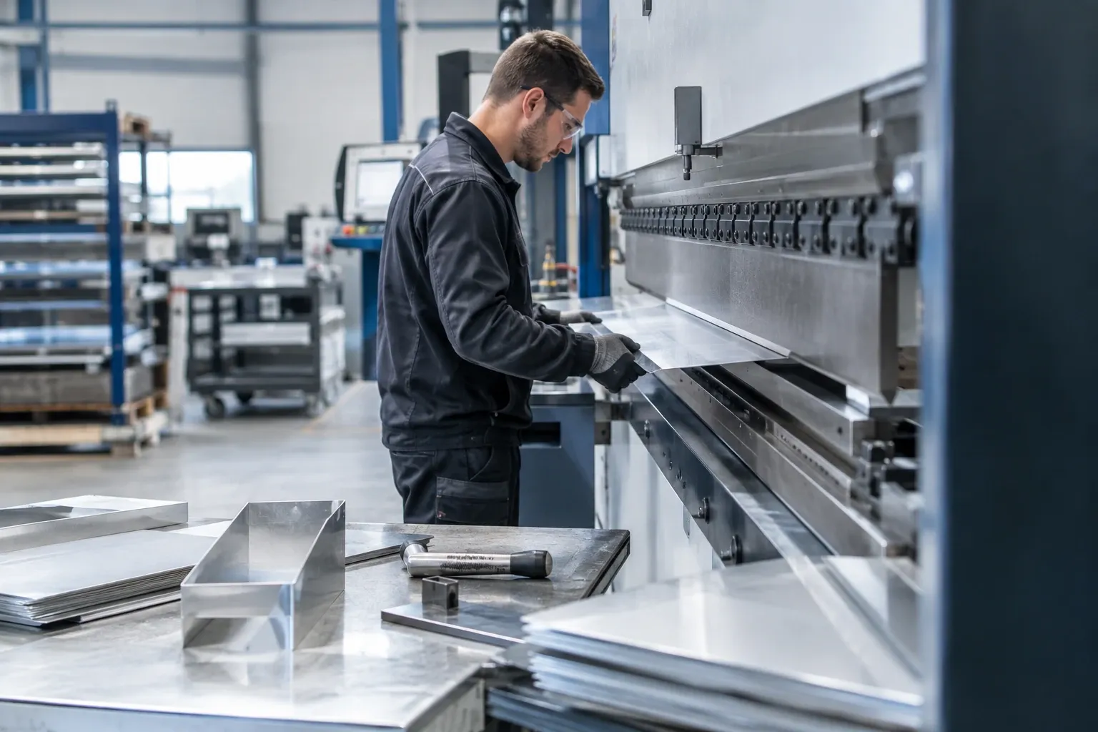Man bedient presseerbank en zet aluminium platen in industriële werkplaats