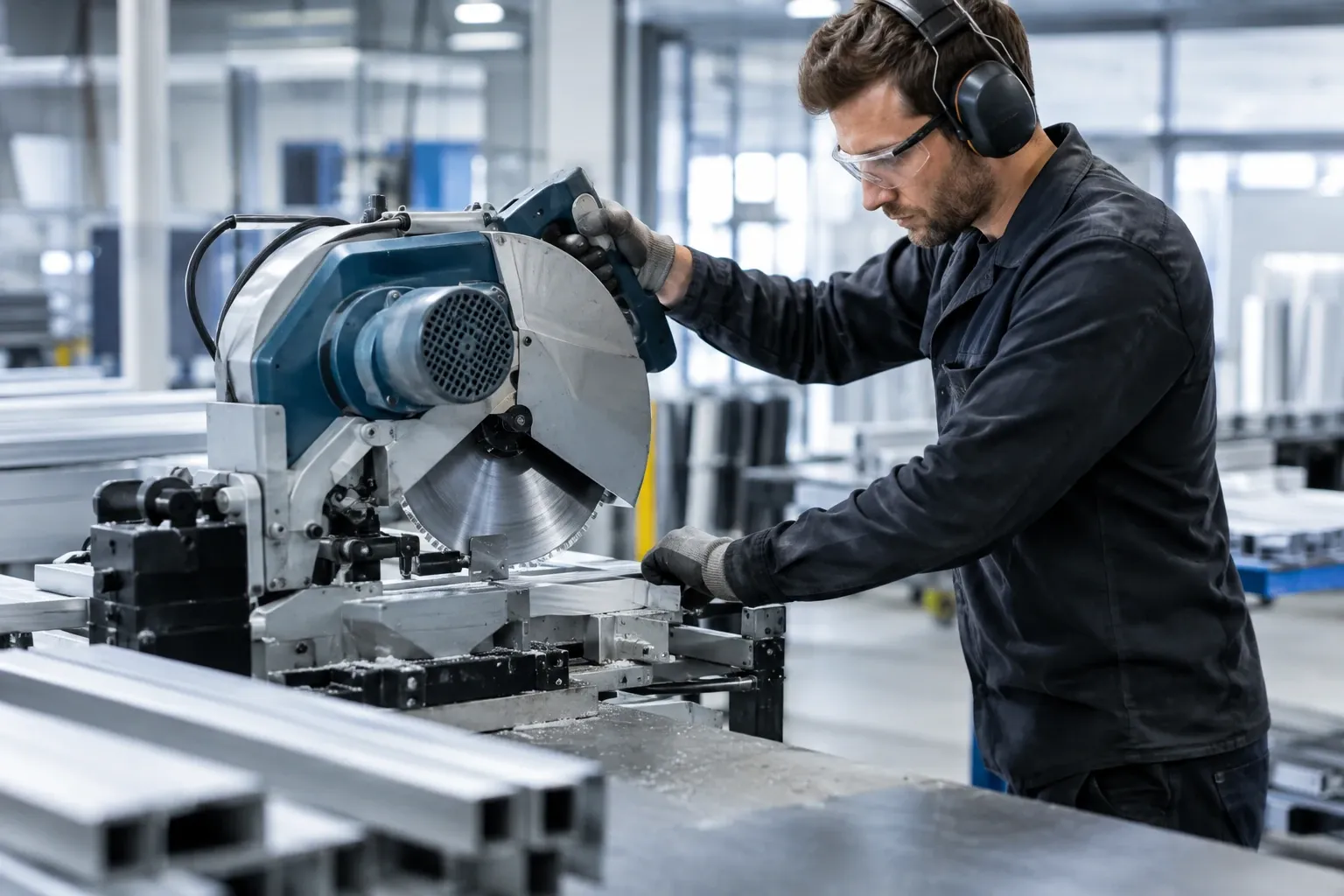 Man met gehoorbescherming en veiligheidsbril zaagt aluminiumprofiel op afkortzaag in werkplaats