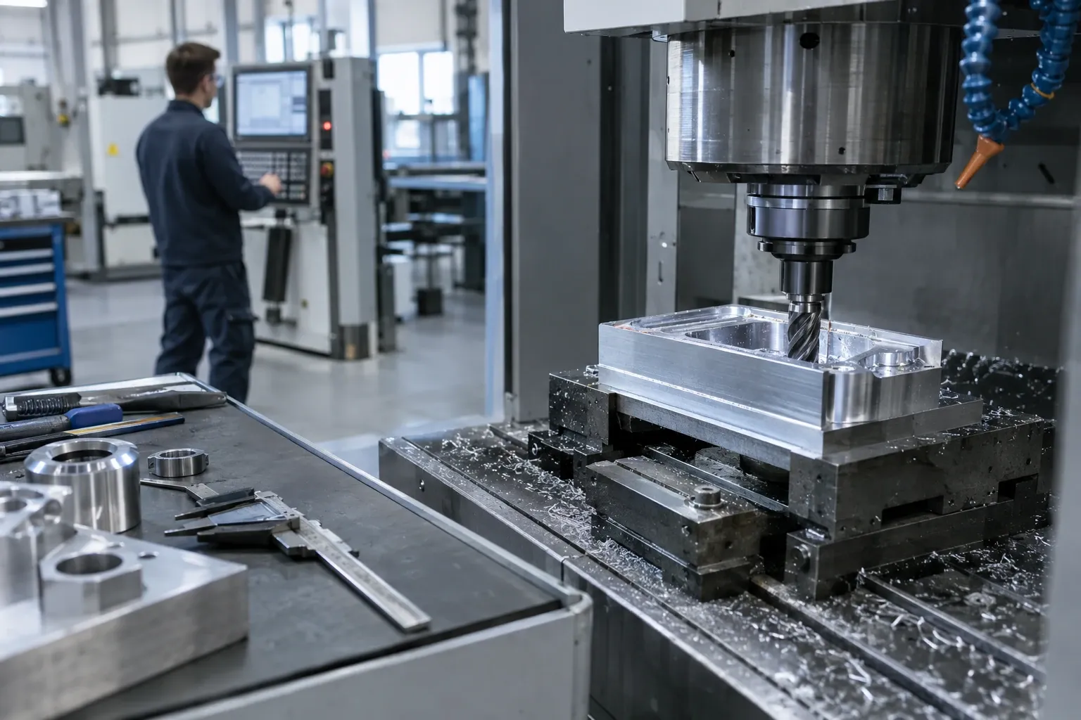 CNC-frees bewerkt aluminium blok in werkplaats, operator bedient besturing op achtergrond