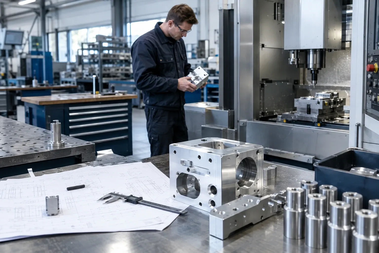 Werkbank met machinale bewerkte aluminium behuizing, technische tekeningen en operator met onderdeel