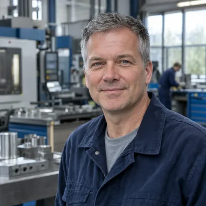Portret van een man met grijzend haar in een donkerblauwe werkjas