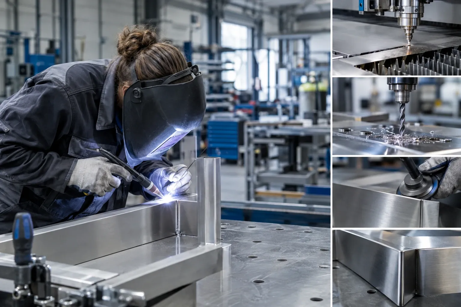 Lasser met lashelm last rvs hoeknaad op roestvaststalen frame in werkplaats