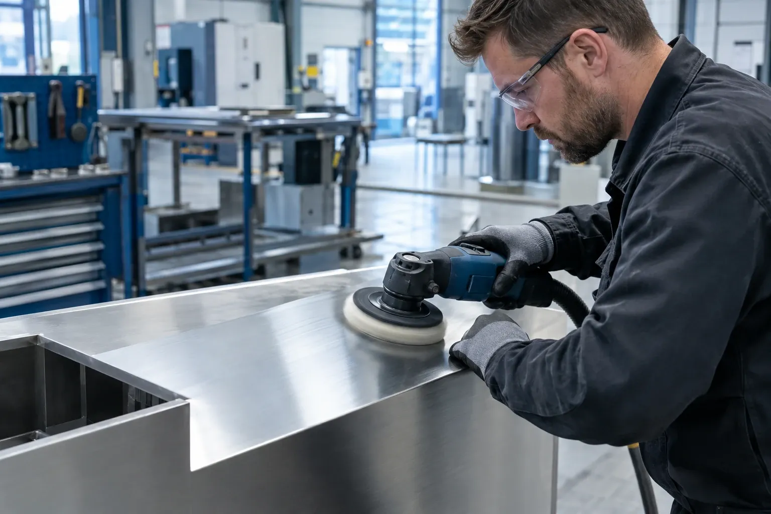 Man polijst rvs werkstuk met schuurmachine in goed verlichte industriële werkplaats
