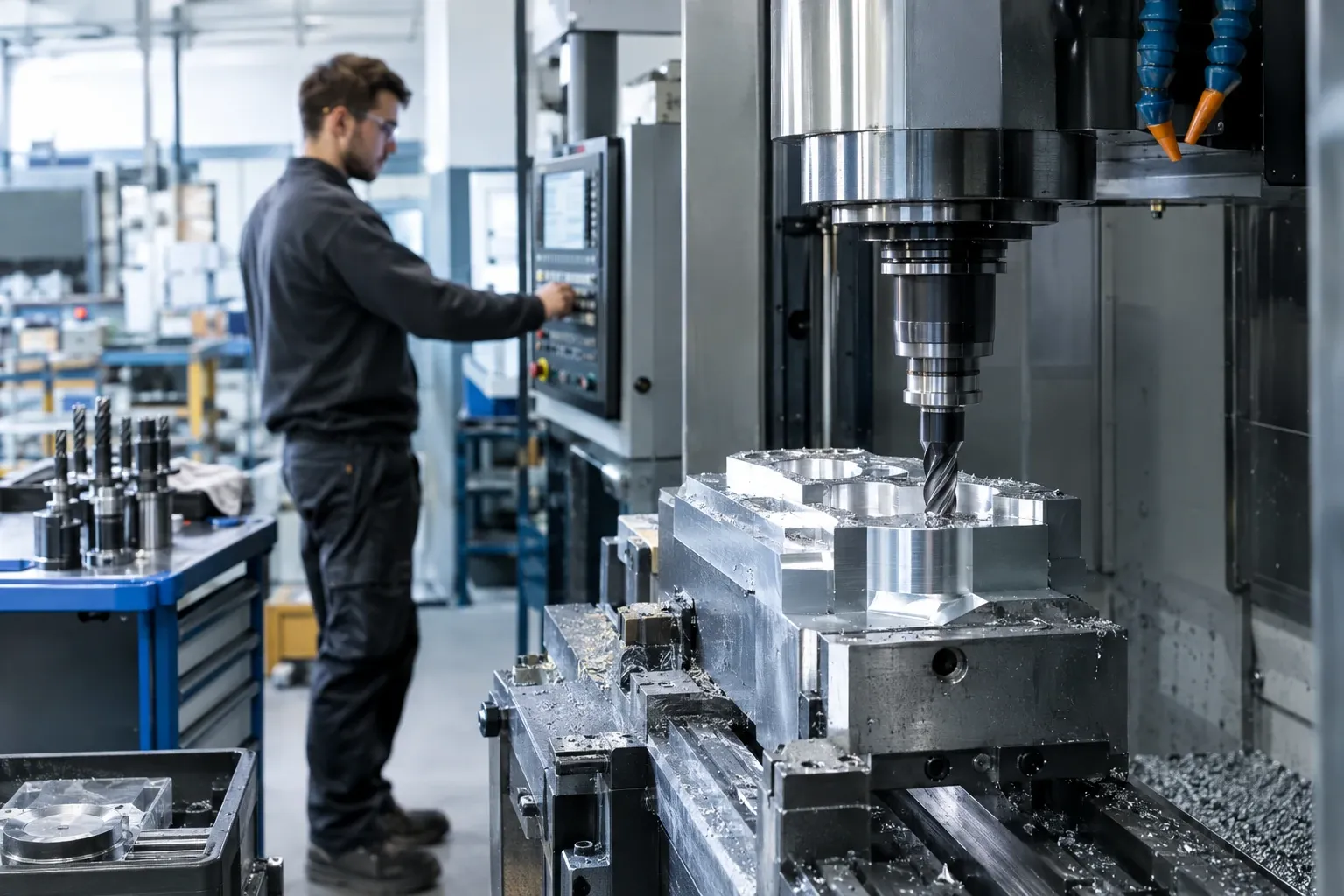 CNC-frees bewerkt aluminium blok terwijl operator bedieningspaneel instelt
